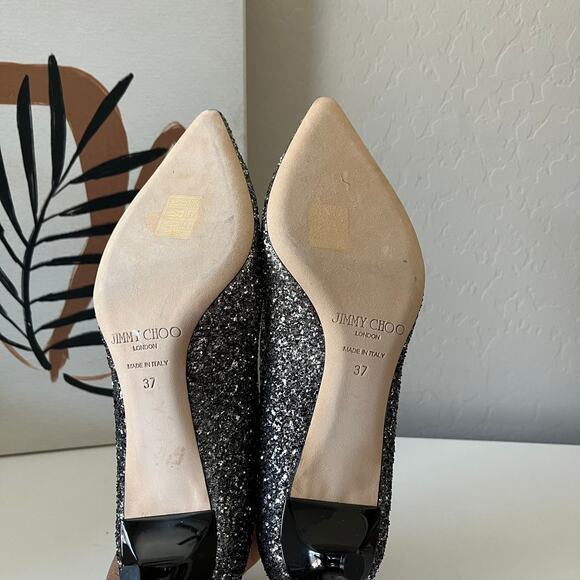 Jimmy Choo Romy Silver Glitter Pointed Toe Slip On Kitten Heel Pumps Size 37 - Picture 8 of 9
